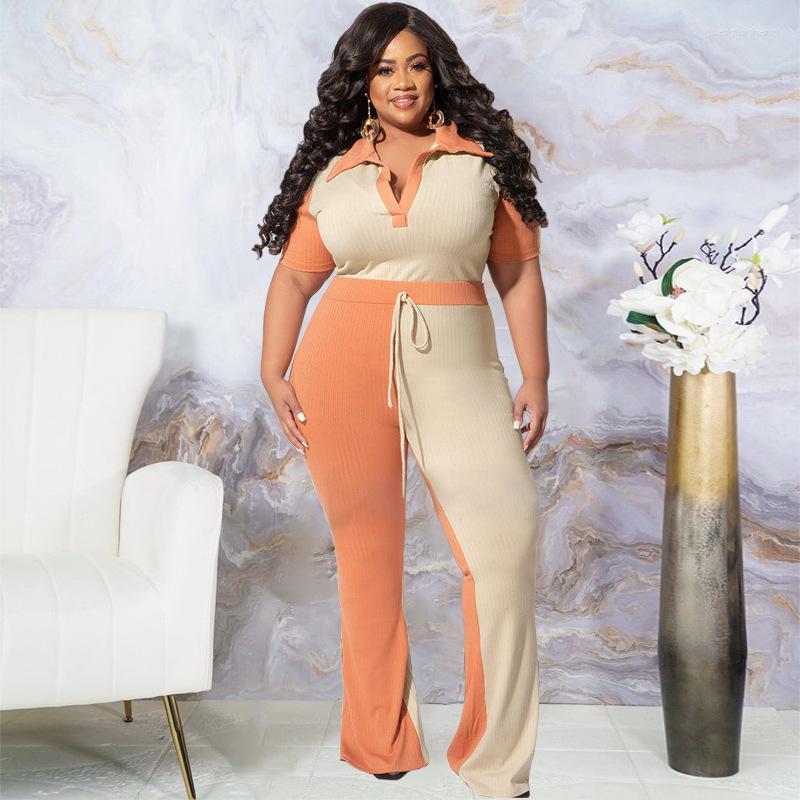 

Tracksuits Plus Size Sets For Women V Neck Tops And Wide Leg Pants 2022 Summer Two Piece Fashion Designer Outfits Elegant Clothes, Orange