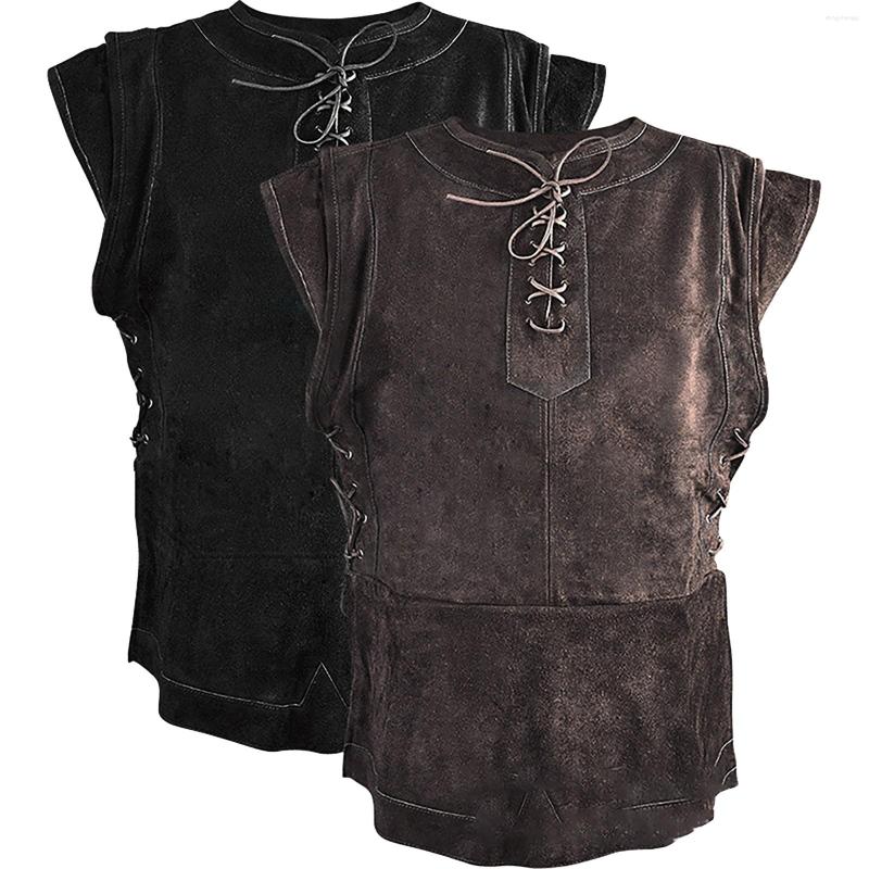 

Men's Vests Vintage Lace Up Vest Mens Solid Color Round Collar Men Victorian Retro Short Sleeve Slim Waistcoat Gothic Punk Clothes, Black