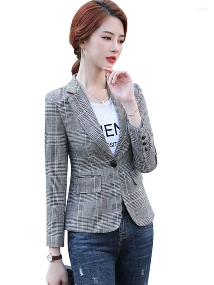 

Women' Suits High-quality England Style Plaid Outfit Blazer With Pocket For Women Single Button Short Coat Fashion Outwear Jacket, Gray