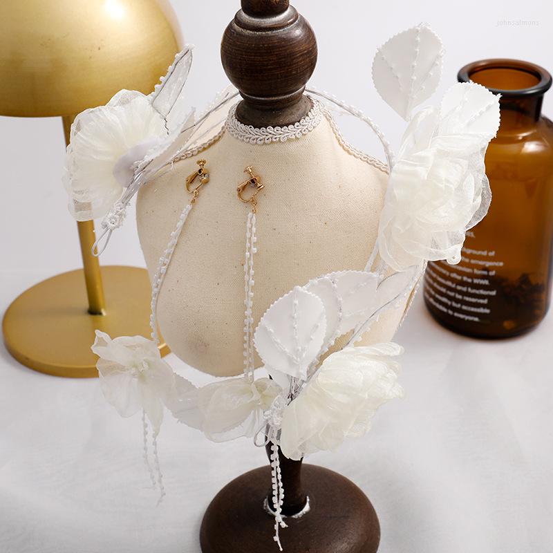 

Headpieces Korean Bride Flower Hairbands Headdress Wedding Hair Accessories Super Fairy White Band Earring Set