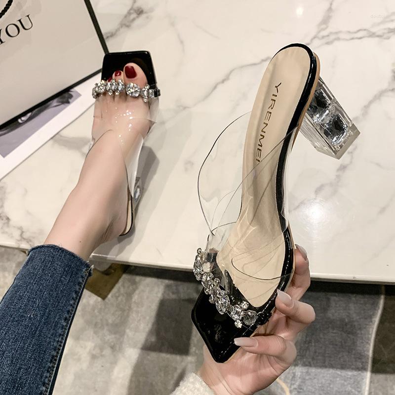 

Slippers Crystal High Heels Women Silver Japanned Leather Sandalias Mujer Verano 2022 Rhinestone Beading Transparent Flip Flops, Black