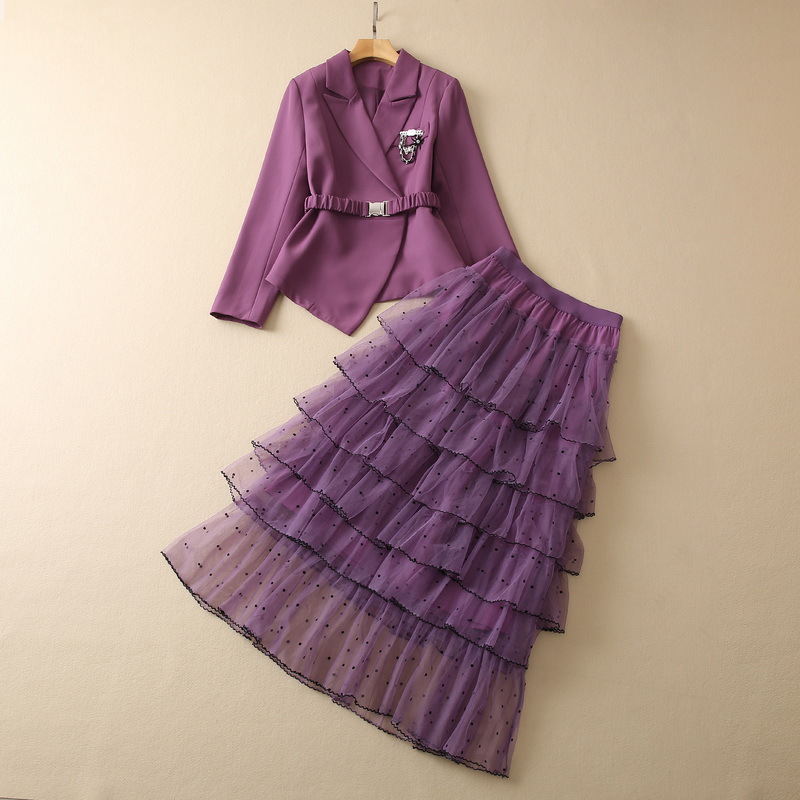 

2022 Autumn Purple Solid Color Two Piece Dress Sets Long Sleeve Notched-Lapel Belted Blazers Asymmetry Top & Tulle Ruffle Elastic Waist Skirt Suits Set S2N03SK