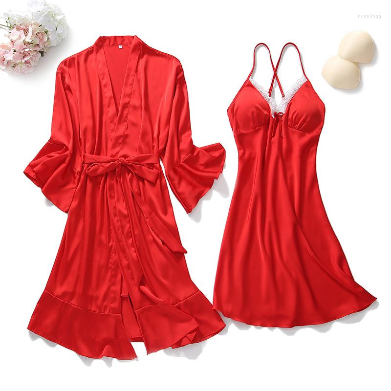 

Women's Sleepwear Lady Summer 2PCS Kimono Robe Gown Set Sweet Lace Bow Trim Home Dress Casual Flare Sleeve Spring Faux Silk Bathrobe, Black