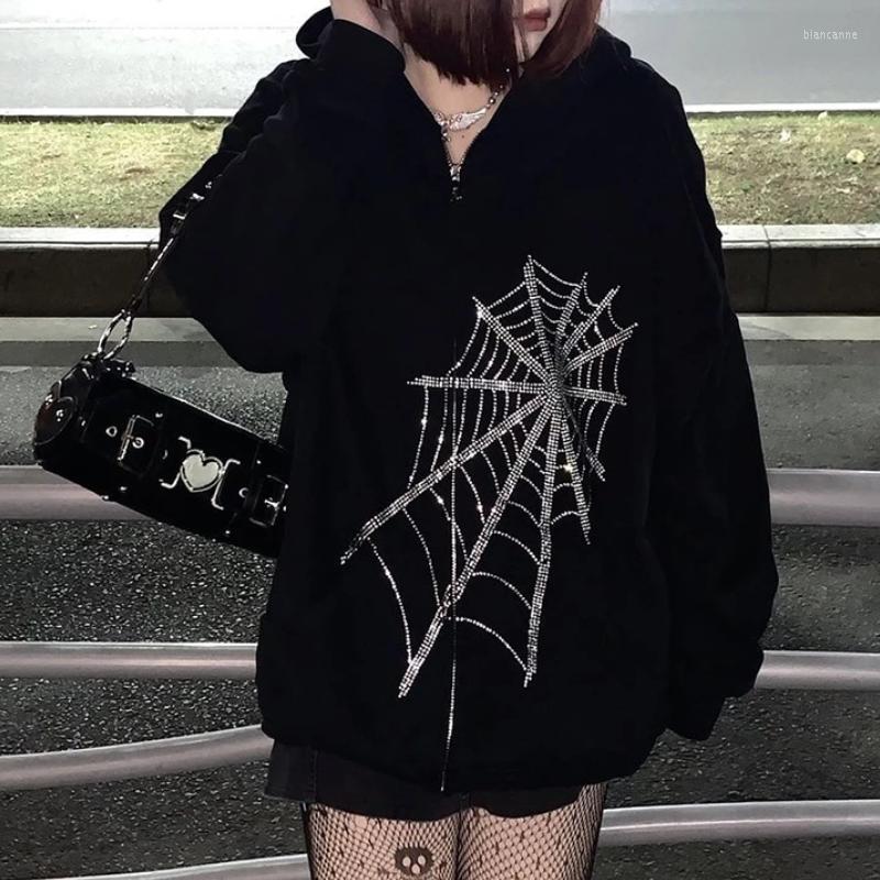 

Women's Jackets Goth Jacket Women Zipper Hooded Coat Ladies Punk Web Outwear Female Loose Harajuku Coats Casual Jumper 2022, Black