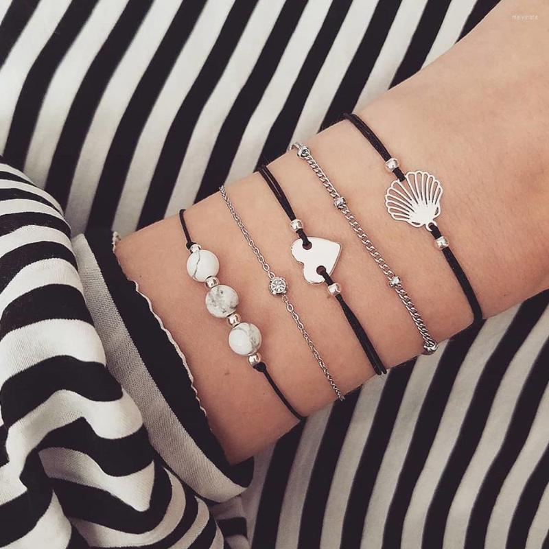 

Link Bracelets 5 Pcs/Set Bohemian Simple Crystal Wafer Point Love Heart Hollow Shell Silver Color Bangle Set Women Sexy Beach Bracelet