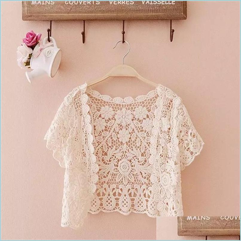 

Wraps Jackets White Black Apricot Female Elegant Cape Women Short Sleeve Shrug Bolero Lace Coat Wedding Bridal Summer Beach Wraps Dhmri