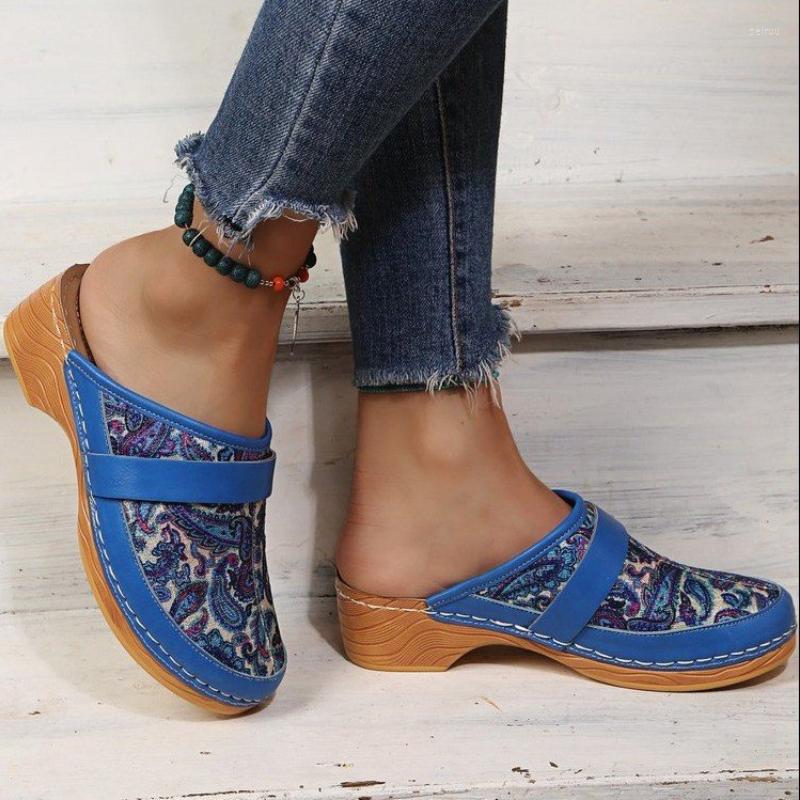 

Slippers Platform Light Slipper Summer Women's Bohemian Print Stitched Sandals Outdoor Non-Slip Vacation Wedge Shoes Sandalias Cuna, Blue