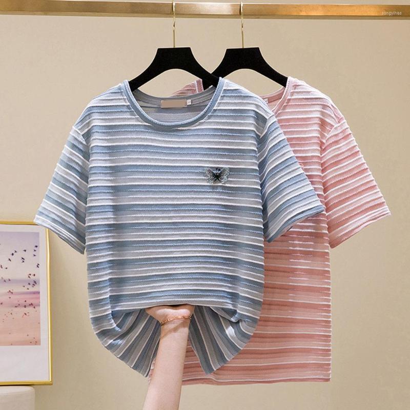 

Women's T Shirts Striped Short-sleeved Women's 2022 Summer Korean Loose Round Neck Bottoming T-shirt Top L-4XL Plus Size, Pink