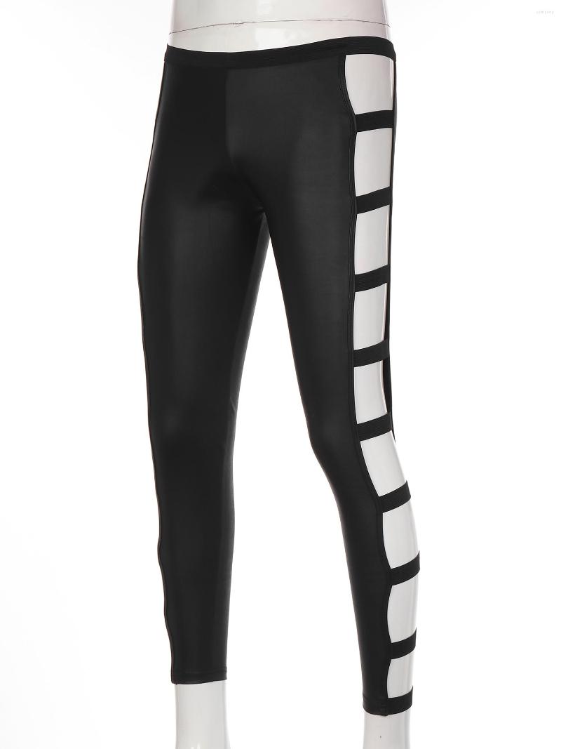 

Men's Pants Mens Hollow Out PU Leather Skinny Music Festival Elastic Waistband Breathable Leggings Cutout Trousers Club Dance Show, Black