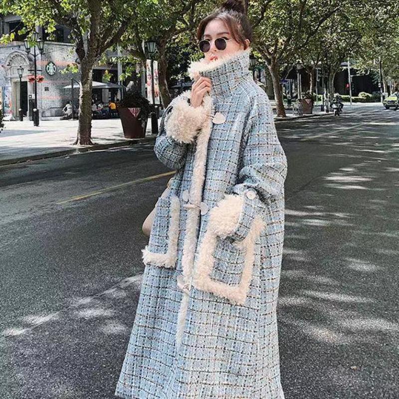 

Women' Down Horn Buckle Plaid Lamb Wool Coat Female Winter Korean Version Loose 2022 Thick Over-the-knee Long Woolen, Blue