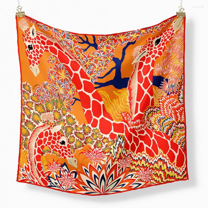 

Scarves 100 Twill Silk Scarf Women Bandana Small Hijab Foulard Lady Headband 53CM Neckerchief Brand Three Giraffes Print Square