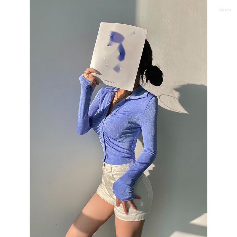 

Women' Blouses Girl Kawaii Lapel Slim Pleated Single Breasted Long Sleeve Short Shirt Top Women Blouse Korean Skinny Sexy Tops 1QWA, Beige