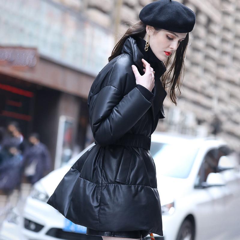 

Women's Leather Women Fashion Warm Jacket Winter Black Belt Down High Waist Coats And Jackets Jaqueta Feminina FCY