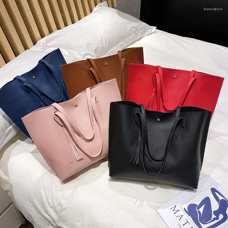 

Evening Bags Fashion Women Shoulder Shopper Bag Female Solid Color PU Leather Handbag Large Capacity Tote Tassel Designer Shopping, Black