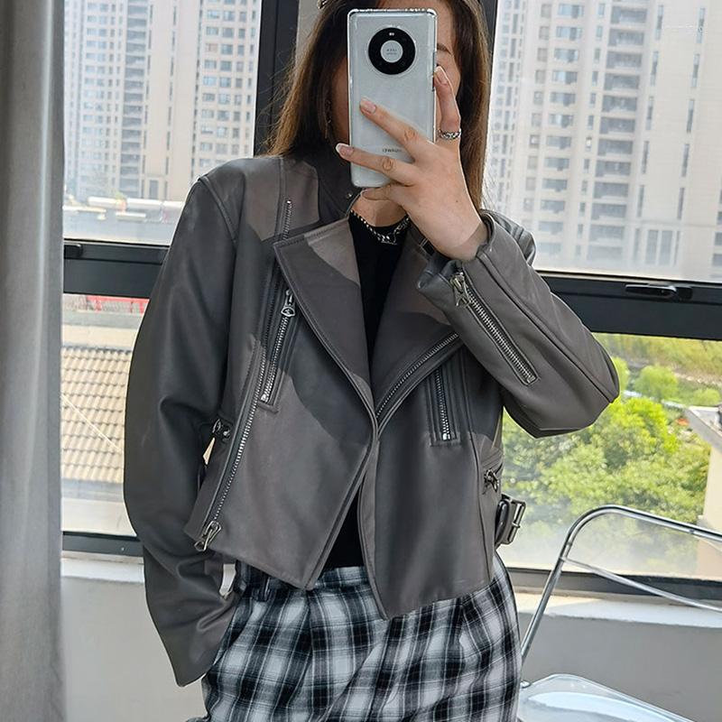 

Women's Leather Lady Real Sheepskin Jackets Dropped Shoulder Stand Collar Motorcycle Short Coats Fashion Biker 2022 AEL4943, Black