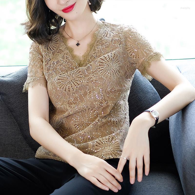 

Women's Blouses Women Blouse Lace Short Sleeve V-neck Loose Hollow-out Sequin Summer Women's T-shirt Top Blusas Mujer De Moda, Black