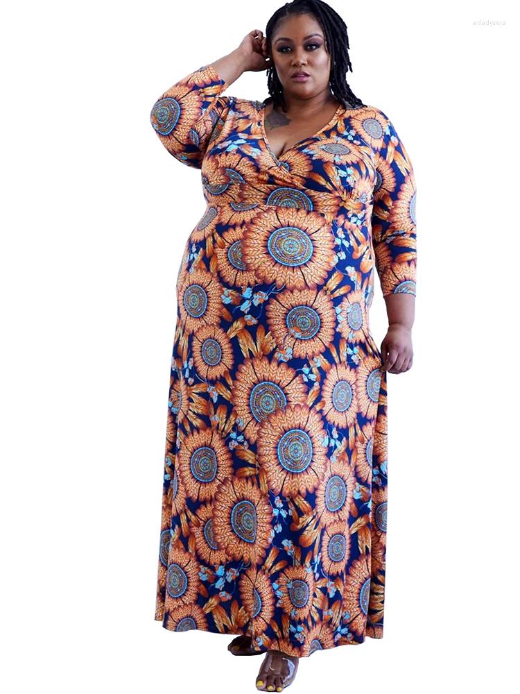 

Plus Size Dresses 5XL Long Dress Women High Waist Full Sleeve V Neck Robes Autumn Fashion Print Streetwear Oversize Maxi 2022, Orange