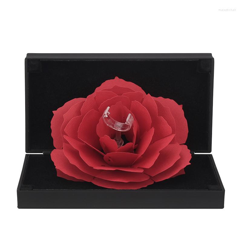 

Jewelry Pouches Creative Elegant Rings Red Box With Flower Wedding Engagement Case Foldable Rose Ring For Love Display Storage Holde
