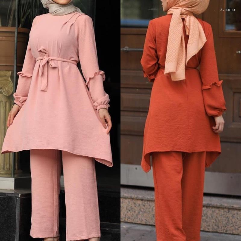 

Ethnic Clothing Muslim Two Piece Set Women Ramadan Abaya Turkey Dubai Hijab Prayer Dress Wide Leg Pant Jilbab Khimar Arab Lace-up Clothes