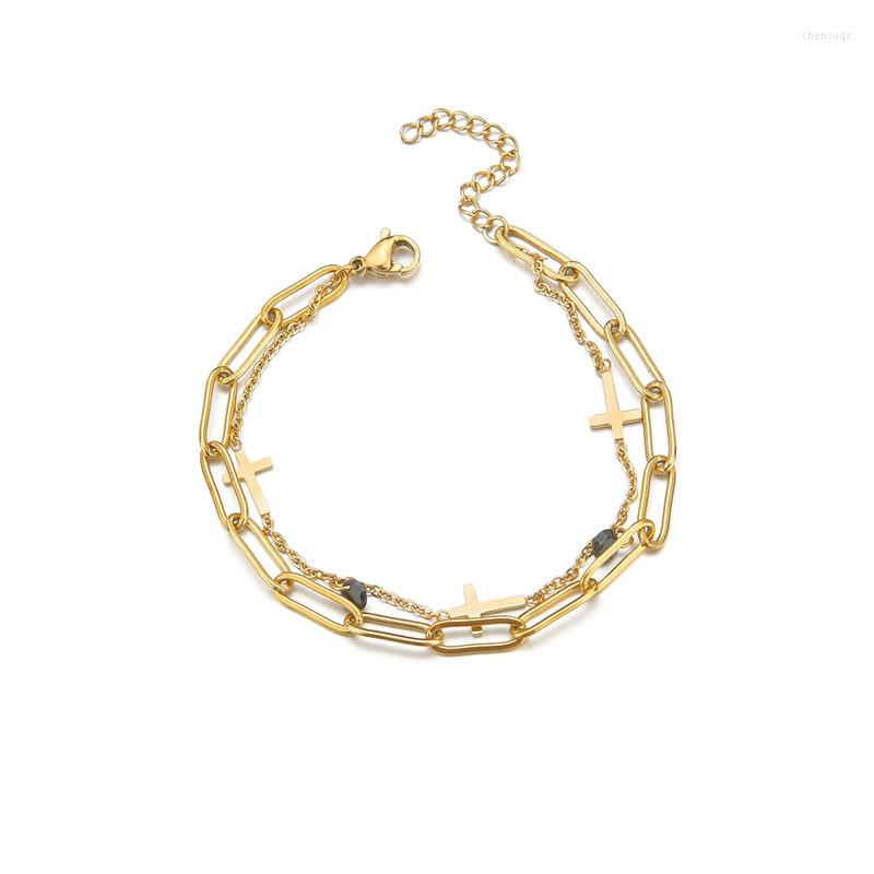 

Link Bracelets 3 Pieces Set Wholesale Price Titanium Steel Chain Natural Stone Cross For Women Charm Jewelry