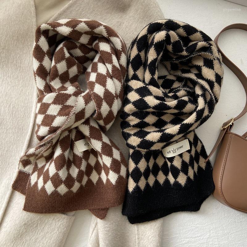

Scarves Knitted Plaid Scarf Women's Autumn And Winter Korean Style Versatile Student Cute Girl Warm Thick Wool Men's Fashion