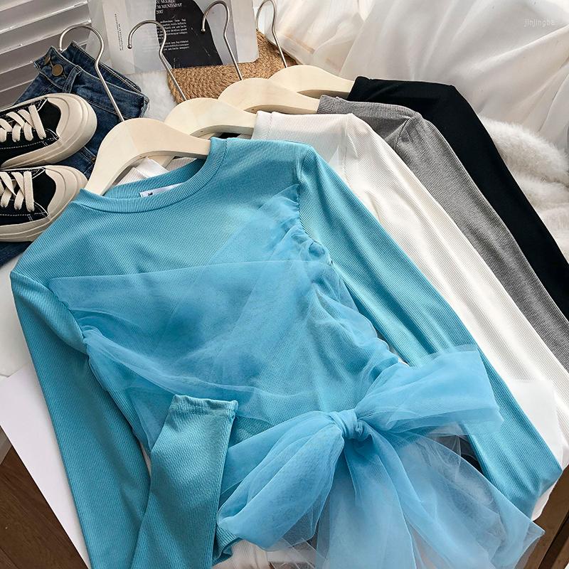 

Women's T Shirts Korean Fashion Woman Gauze Patchwork Lace Up Bow Solid Color Short Tees Slim Fit Sweet Tops Women, Black