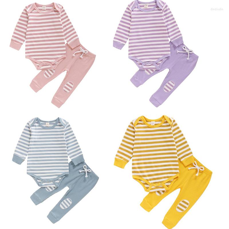 

Clothing Sets 0-24M Toddler Infant Baby Boy Girl Fall Set Long Sleeve Striped Romper Top Pacthwork Pants 2Pcs 4Colors Outfit