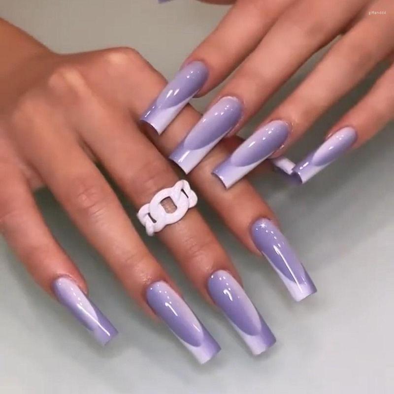 

False Nails 24pcs Press On Crystal Full Cover Silver Butterfly Long Ballerina French Sea Blue Fake, Wm-13