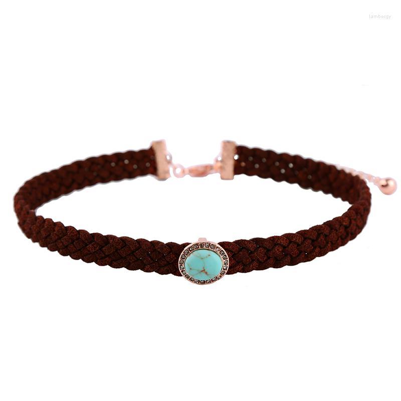 

Choker Handmade Ladies Braided Reddish-brown Necklace For Women Brand Oval Blue Stone Chic Accessories