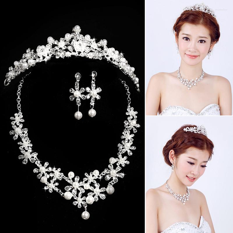 

Necklace Earrings Set Elegant Luxury Rhinestone Pearl Bride Earring Crown Tiaras Hair Accessories Noiva Wedding BH, Picture shown