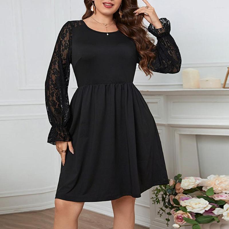 

Plus Size Dresses Women Soild Dress Long Sleeve Knee Length Autumn Winter Lace O-Neck Slim Fit Elegant  -4XL, Black