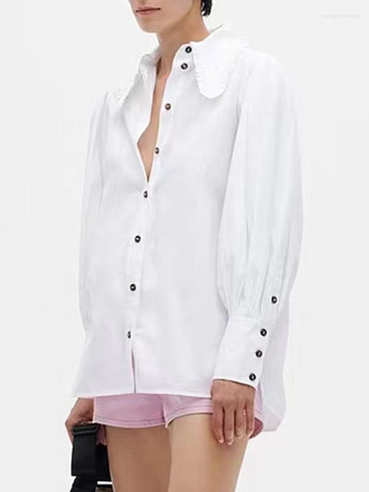 

Women' Blouses 2022 Spring Lapel Puff Sleeve Loose Cotton Shirt Women Shirts, White