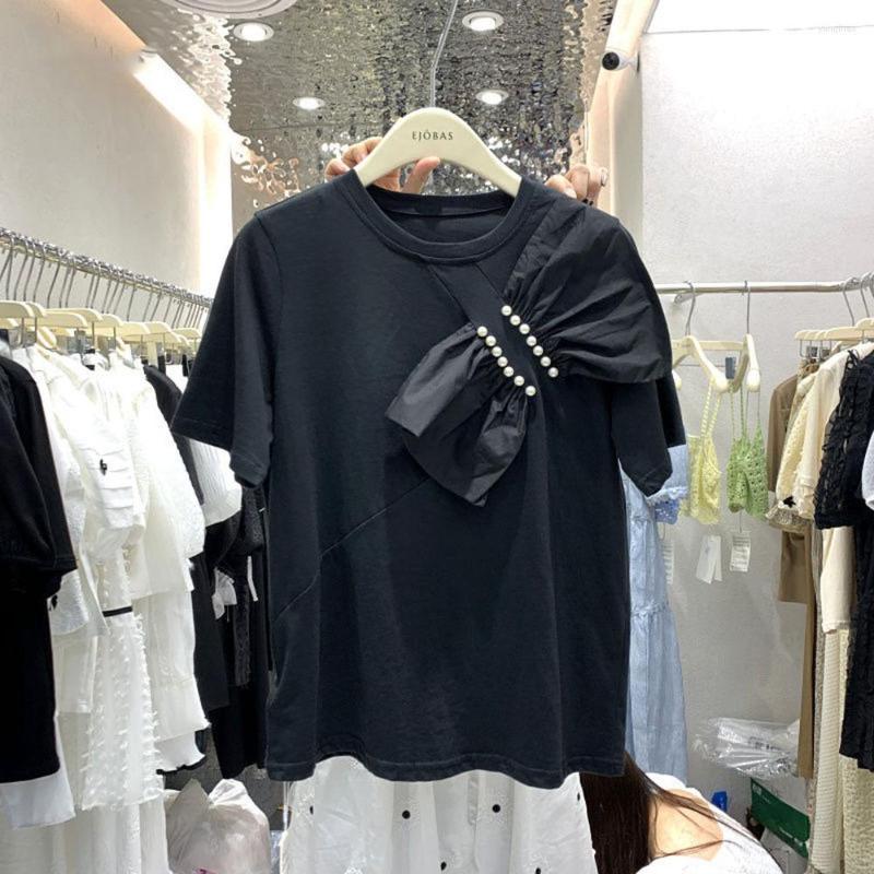 

Women's T Shirts Korean 2022 Summer Pearl Bow Round Neck Short-sleeved T-shirt Women's All-match Bottoming Shirt Top Trend, Black