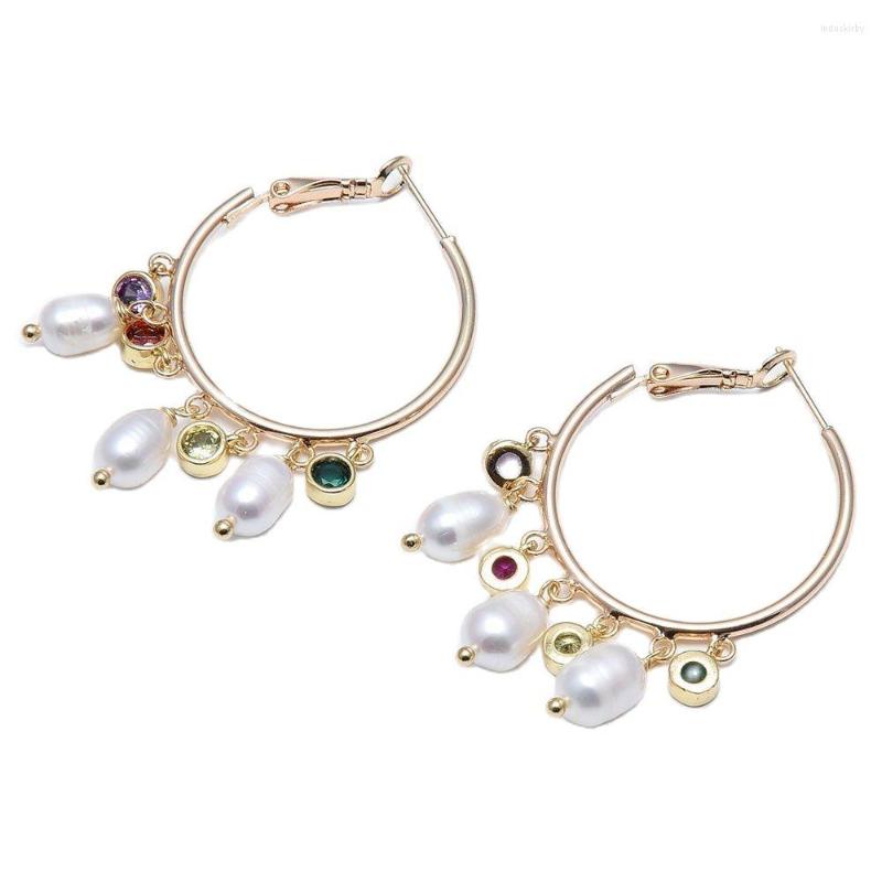 

Dangle Earrings GuaiGuai Jewelry Natural White Rice Pearl Colorful CZ Crystal Gold Plated Big Circle Hoop Handmade For Women