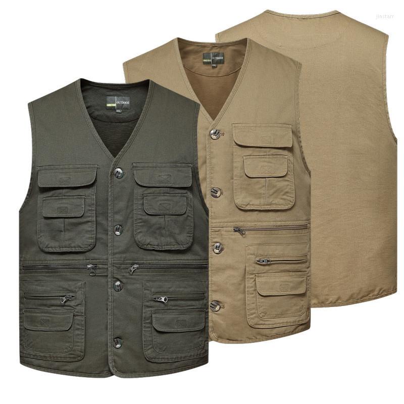 

Men's Vests Men Multi Pocket Pographer Reporter Vest Single Breasted Cotton Fishing Sleeveless Jacket Male Travel Waistcoat Outerwear, Khaki