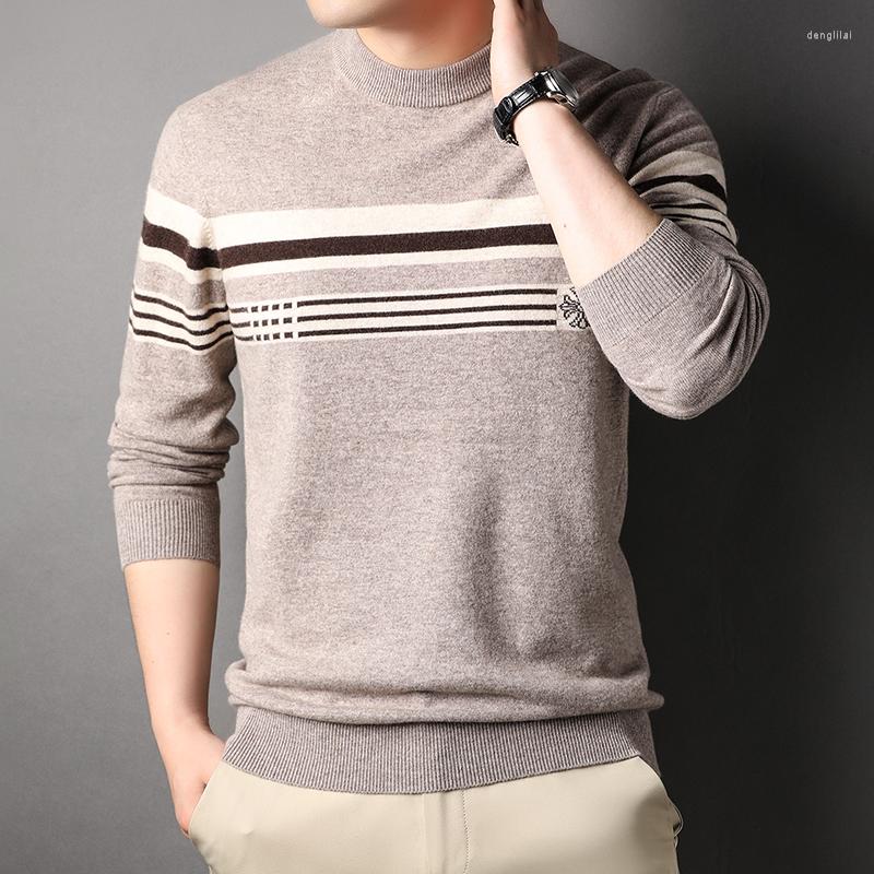 

Men's Sweaters Wool Striped Men's Luxury Round Collar Long Sleeve Computer Knitted Pullover Male Spring Autumn, Gray
