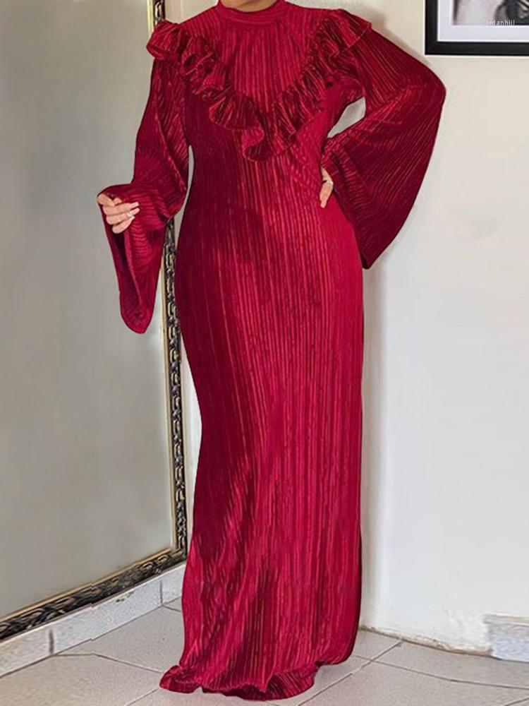 

Casual Dresses VONDA Elegant Evening Maxi Dress 2022 Autumn Winter Solid Women Long Flare Sleeve Ruffled Velvet Pleated Party Vestidos, Black