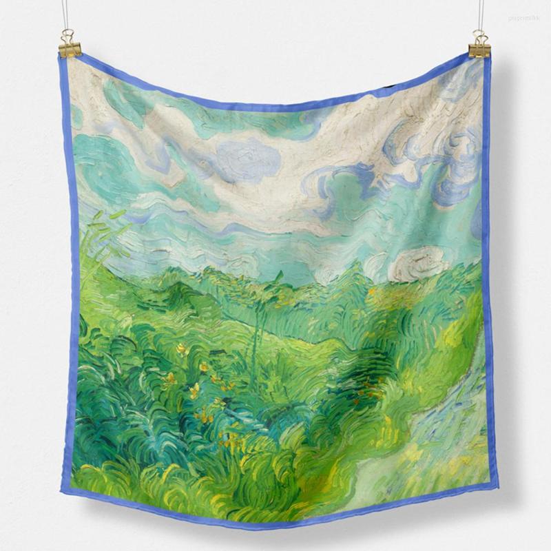 

Scarves Twill Silk Scarf For Women Bandana Green Wheat Oil Painting Neck Tie 53cm Head Hijab Neckerchief Square