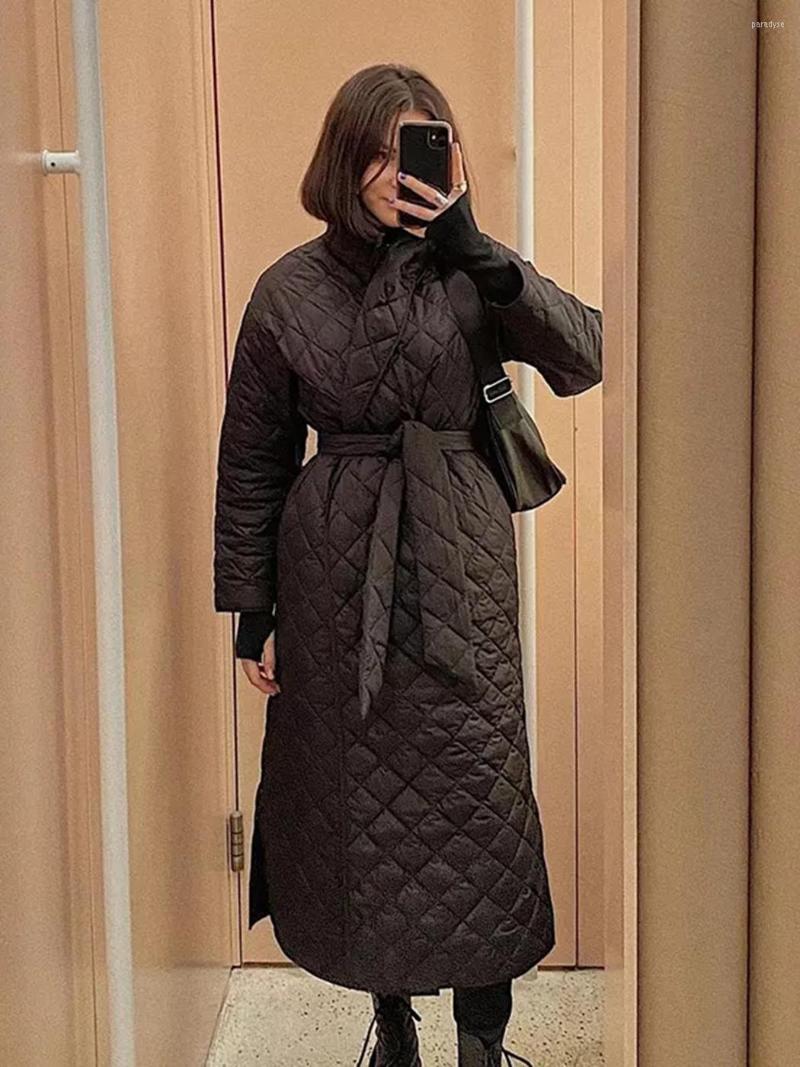 

Women's Down 2022 Winter Loose Long Coat Parkas Women Fashion Solid Color V-neck Warm Casual Belted Cotton Quilted Jacket Trendy Overcoat, Black