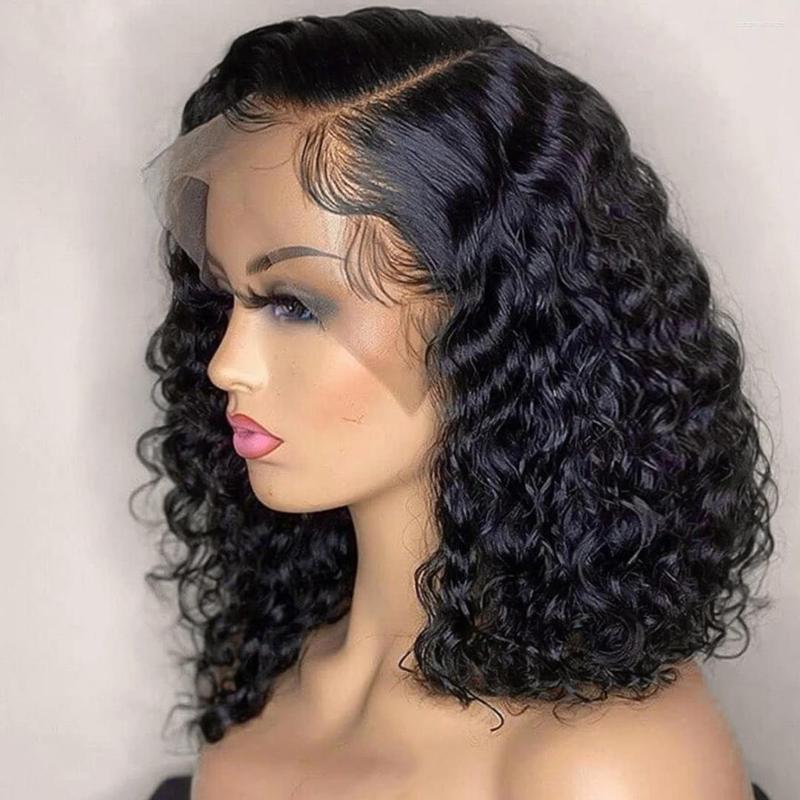 

Curly Short Bob Human Hair Wig Brazilian Remy 13x1 Deep Wave Lace Frontal Wigs Transparent 180 Density 4x4 Closure For Women, Picture shown