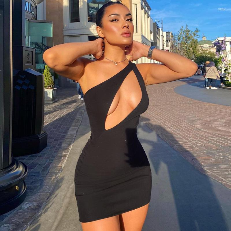 

Casual Dresses Puloru Sexy Cut Out One-Shoulder Mini Dress Summer Club Street Evening Wear Women Straps Bodycon Short Sheath 2022, Black