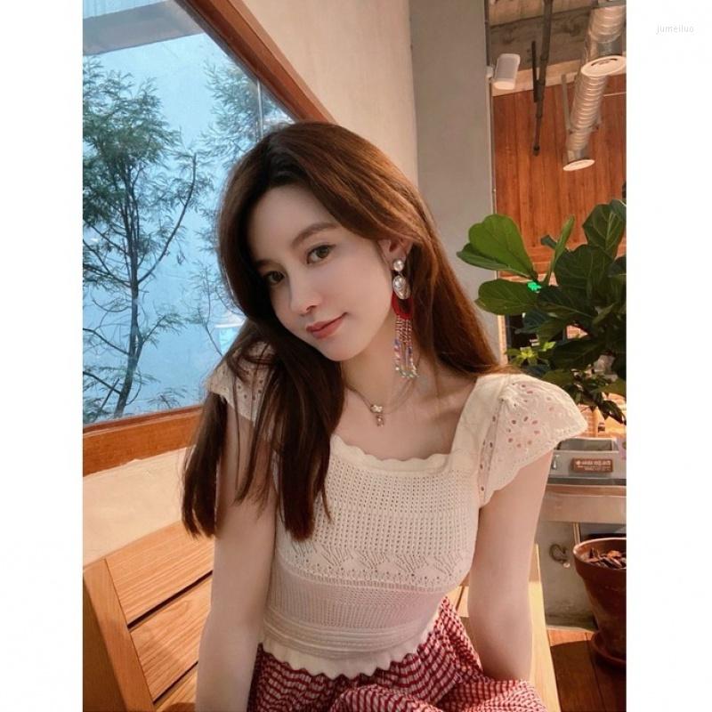 

Women's Polos Temperament Square Neck Hollow Small Flying Sleeve Lace Knitted Top, Black top