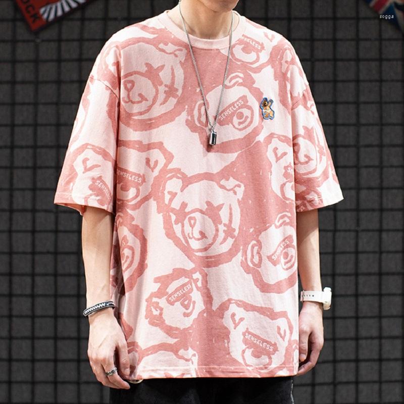 

Men's T Shirts Harajuku Style Bear Full Print Short-sleeved T-shirt Tide Brand Retro Loose Couple Casual Womens Graphic, Black