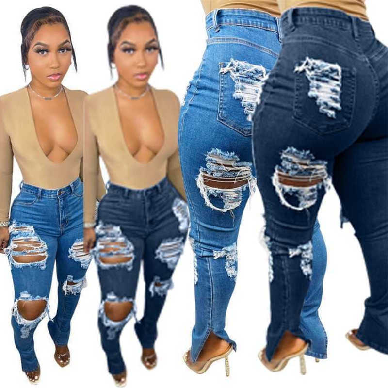 

Retail New Spring Womens Jeans Designer Popular Broken Elastic Split Denim Pants, #2