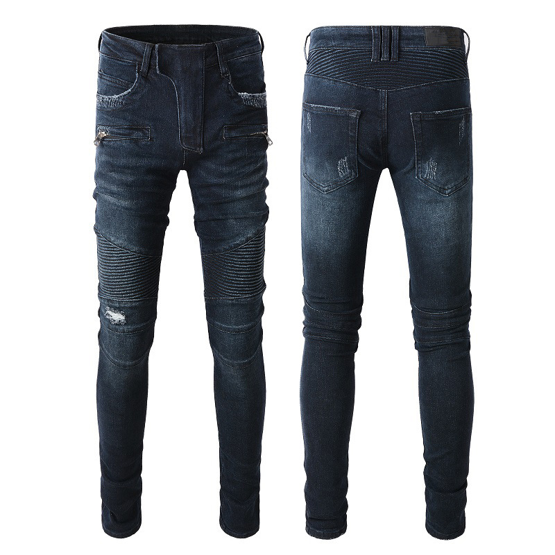 

Men's Jeans Dark blue trendy multi pocket slim stretch motorcycle pants high street pleated jeans