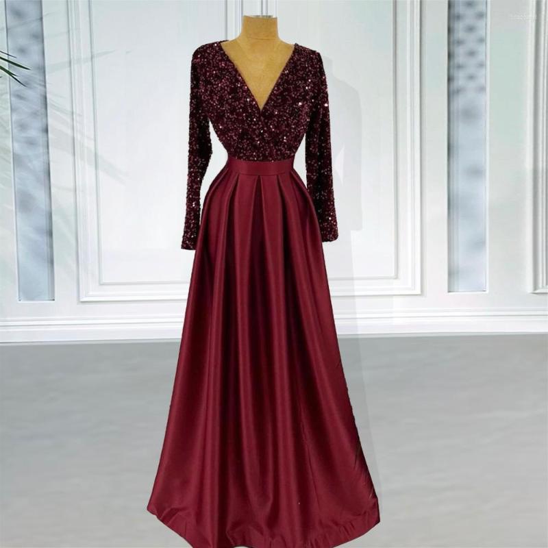 

Party Dresses Elegant Evening Night Dress For Women 2022 Sequin Velvet V Neck Long Sleeves Aline Satin Formal Prom Wedding Gowns, White