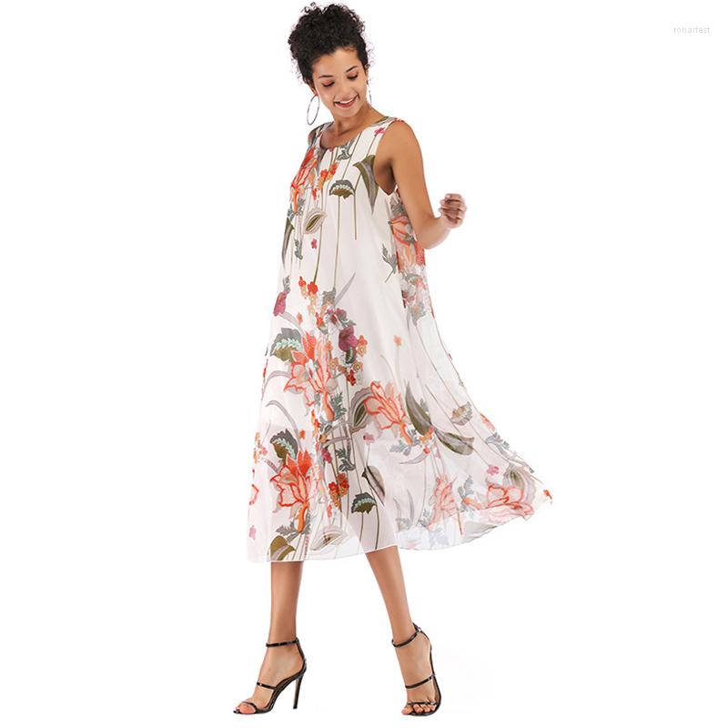 

Casual Dresses Women Elegant Floral Printing Round Neck Suspender Dress Leisure Loose Sleeveless Strapless Temperament Vestidos, 05