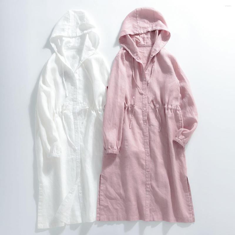 

Women's Trench Coats Woman Long Coat Fashion Korean Windbreaker Ladies 2022 Autumn Hooded Loose Linen Thin Cardigan Women, Pink