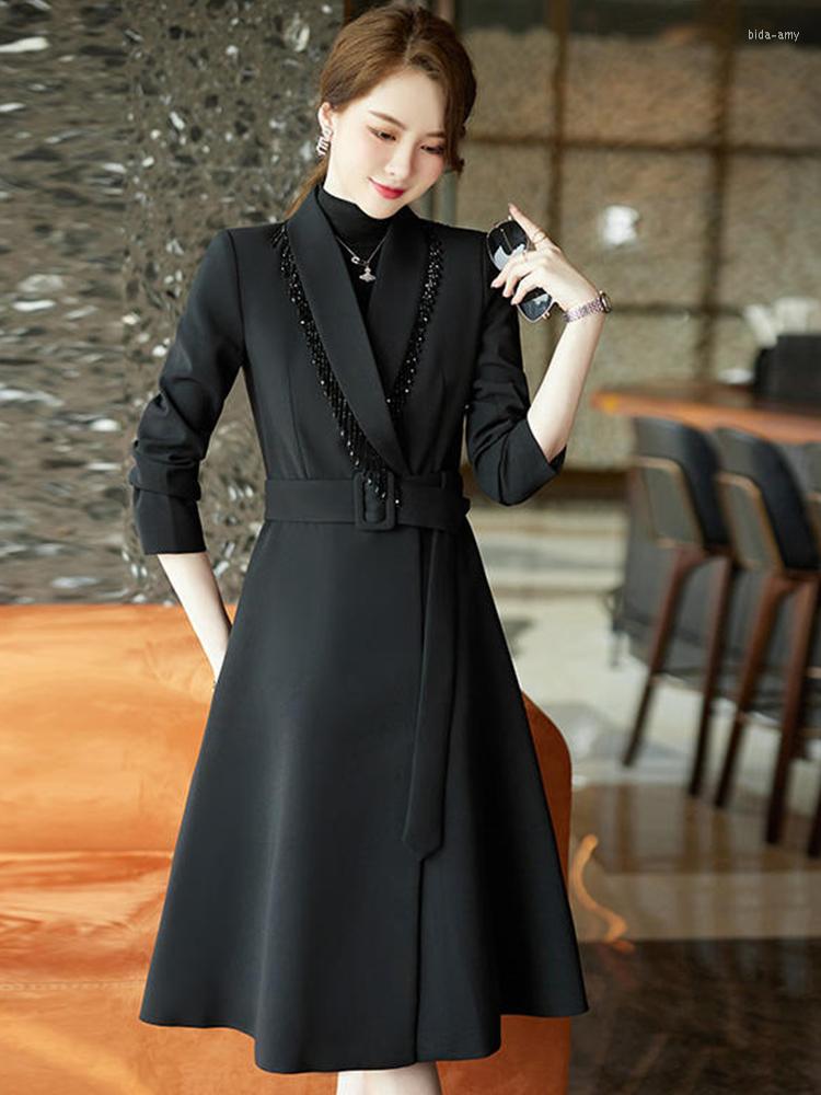 

Women' Suits Office Ladies Slim Fit Beaded Fringe Collar Jacket Blazer Belt Winter 2022 Casual Long Coat, Black