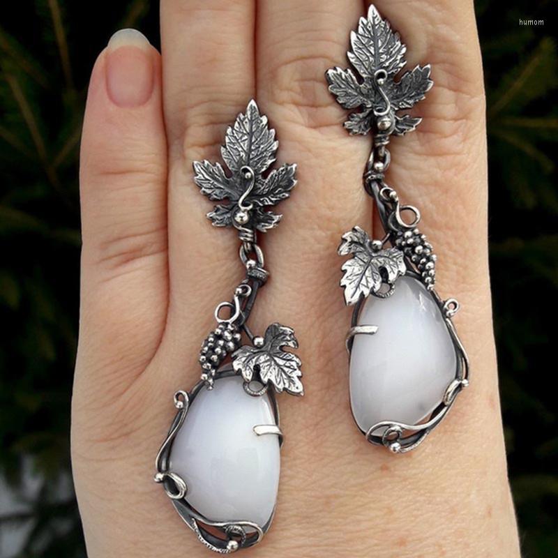 

Dangle Earrings Vintage Silver Colour Moonstone Geometric Design Metal Carved Leaves Long For Women